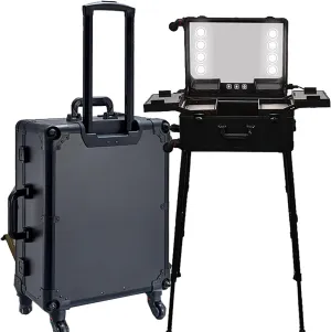 TIST Rolling Vanity Case Rolling Vanity Case With Wheels And Stand Travelling Vanity With Mirror And 8 LED Lights(Black)
