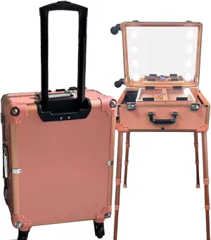 TIST Rolling Vanity Case Rolling Vanity Case With Wheels And Stand Travelling Vanity With Mirror And 8 LED Lights(Rose Gold)