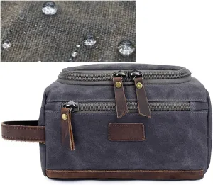 Toiletry Bag For Men Dopp Kit Durable Waxed Cotton Canvas With Leather Handle Toiletry Organizer Water-resistant Shaving Bag for Toiletries (Waxed Canvas, Grey)