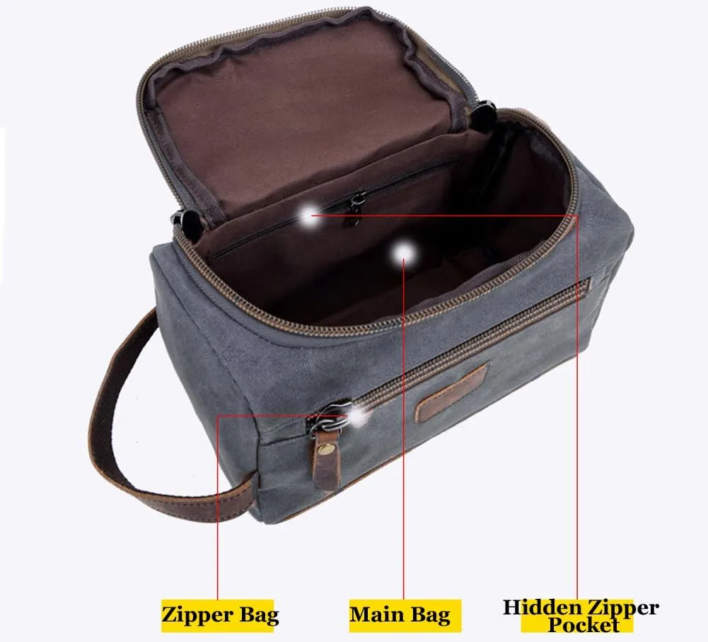 Toiletry Bag For Men Dopp Kit Durable Waxed Cotton Canvas With Leather Handle Toiletry Organizer Water-resistant Shaving Bag for Toiletries (Waxed Canvas, Grey)