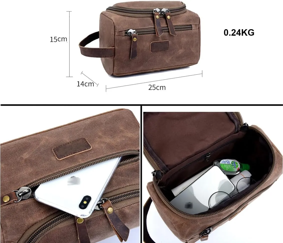 Toiletry Bag For Men Dopp Kit Durable Waxed Cotton Canvas With Leather Handle Toiletry Organizer Water-resistant Shaving Bag for Toiletries (Waxed Canvas, Grey)