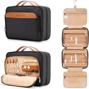 Toiletry Bag for Traveling Women - With Jewelry Organizer Compartment Hanging Toiletry Bag for Women used in Home, Travel, and Cosmetics - Nylon Material with Waterproof Skin (Black, Medium)