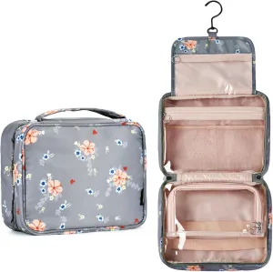Toiletry Bag for Women, Large Hanging Travel Makeup Bag Water-resistant for Toiletries/Cosmetics/Brushes (Small gray flower-V2)