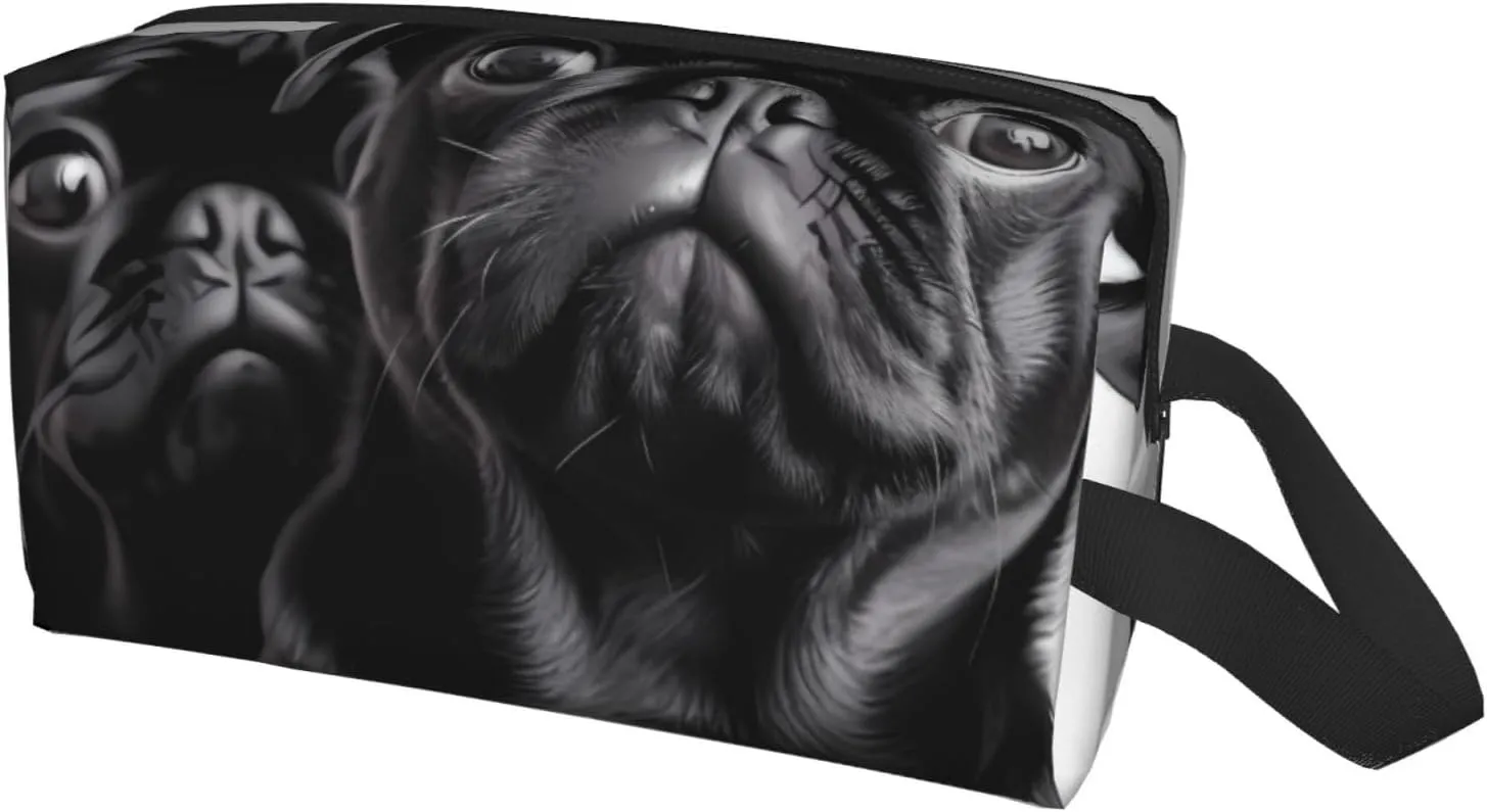 Toiletry Bag for Women Men Dopp Kit Travel Makeup Bag Make Up Organizers Cosmetic Bag Cute Black Pug Dog Hanging Toiletry Bag Shaving Bag with Large Capacity for Travel