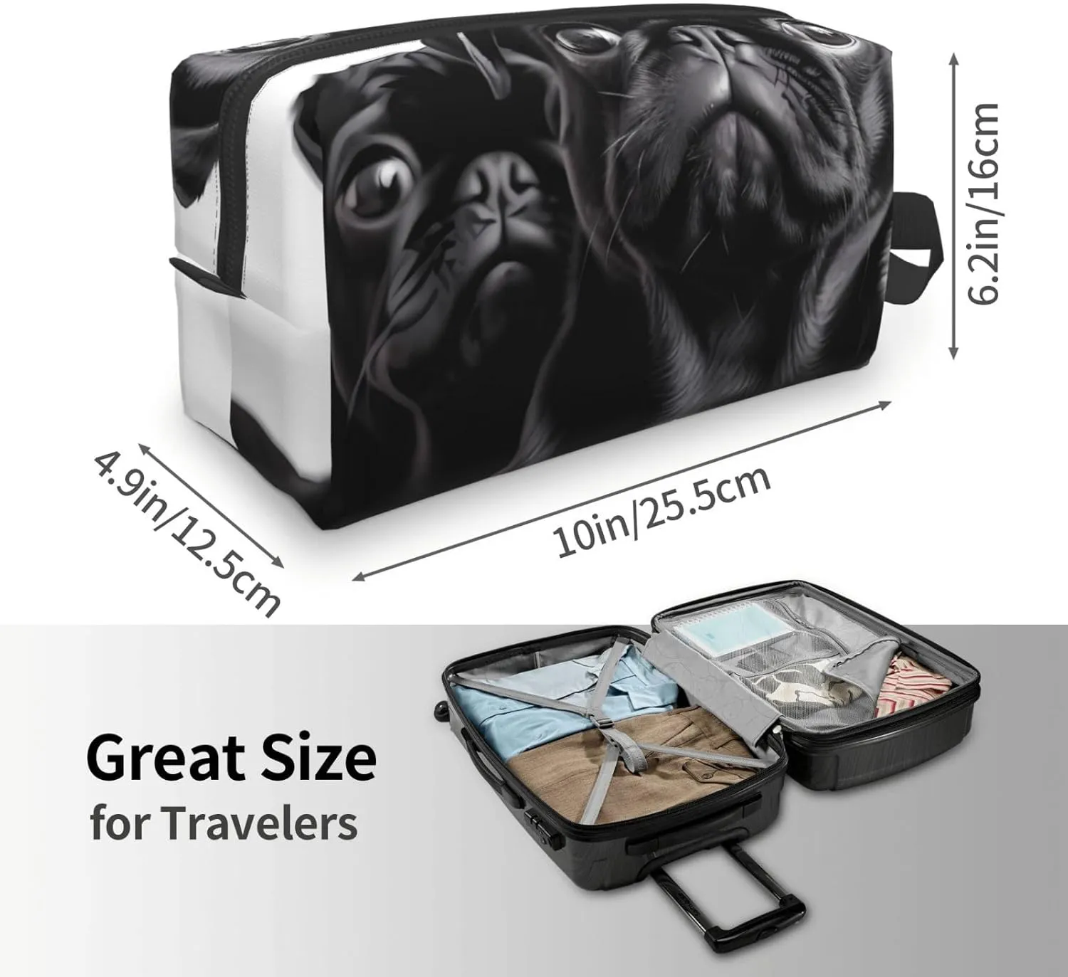 Toiletry Bag for Women Men Dopp Kit Travel Makeup Bag Make Up Organizers Cosmetic Bag Cute Black Pug Dog Hanging Toiletry Bag Shaving Bag with Large Capacity for Travel