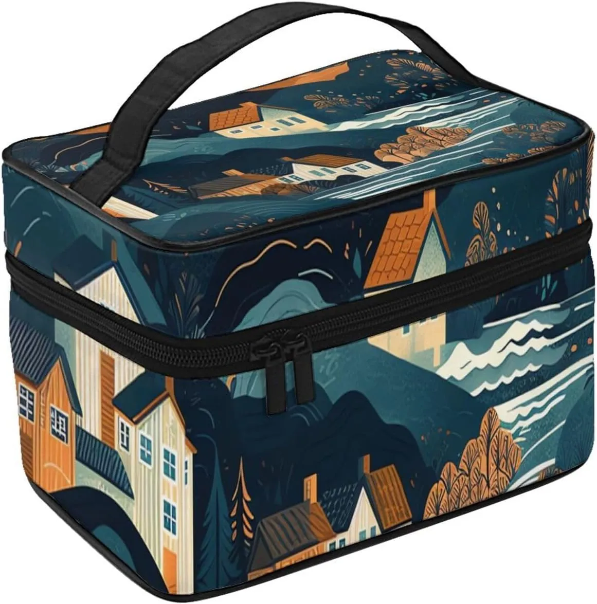 Toiletry Bag for Women Men Dopp Kit Travel Makeup Bag Make Up Organizers Cosmetic Bag Mountains and Houses Hanging Toiletry Bag Shaving Bag with Large Capacity for Travel