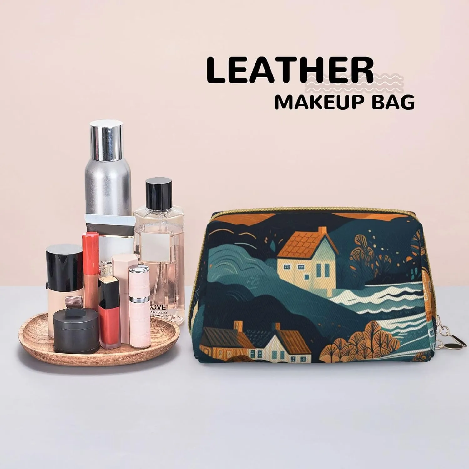 Toiletry Bag for Women Men Dopp Kit Travel Makeup Bag Mountains and Houses Make Up Organizers Cosmetic Bag