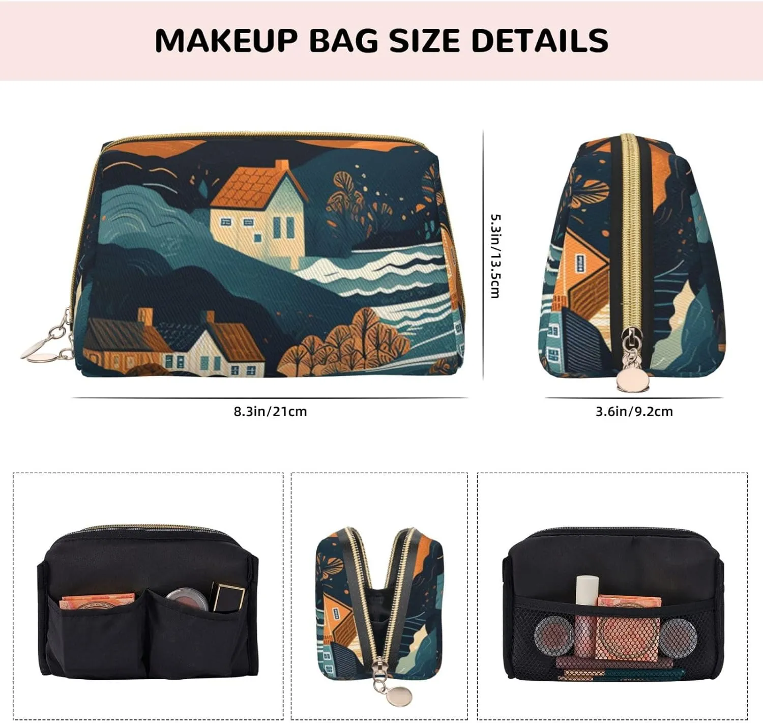 Toiletry Bag for Women Men Dopp Kit Travel Makeup Bag Mountains and Houses Make Up Organizers Cosmetic Bag