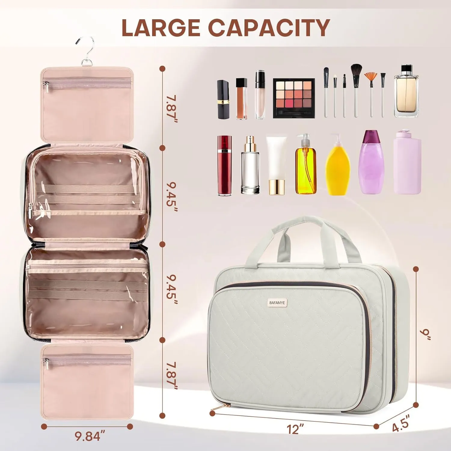 Toiletry Bag for Women with Jewelry Organizer Compartment, Travel Makeup Cosmetic Bag with Hanging Hook for Full-sized Toiletries, Shampoo - Beige