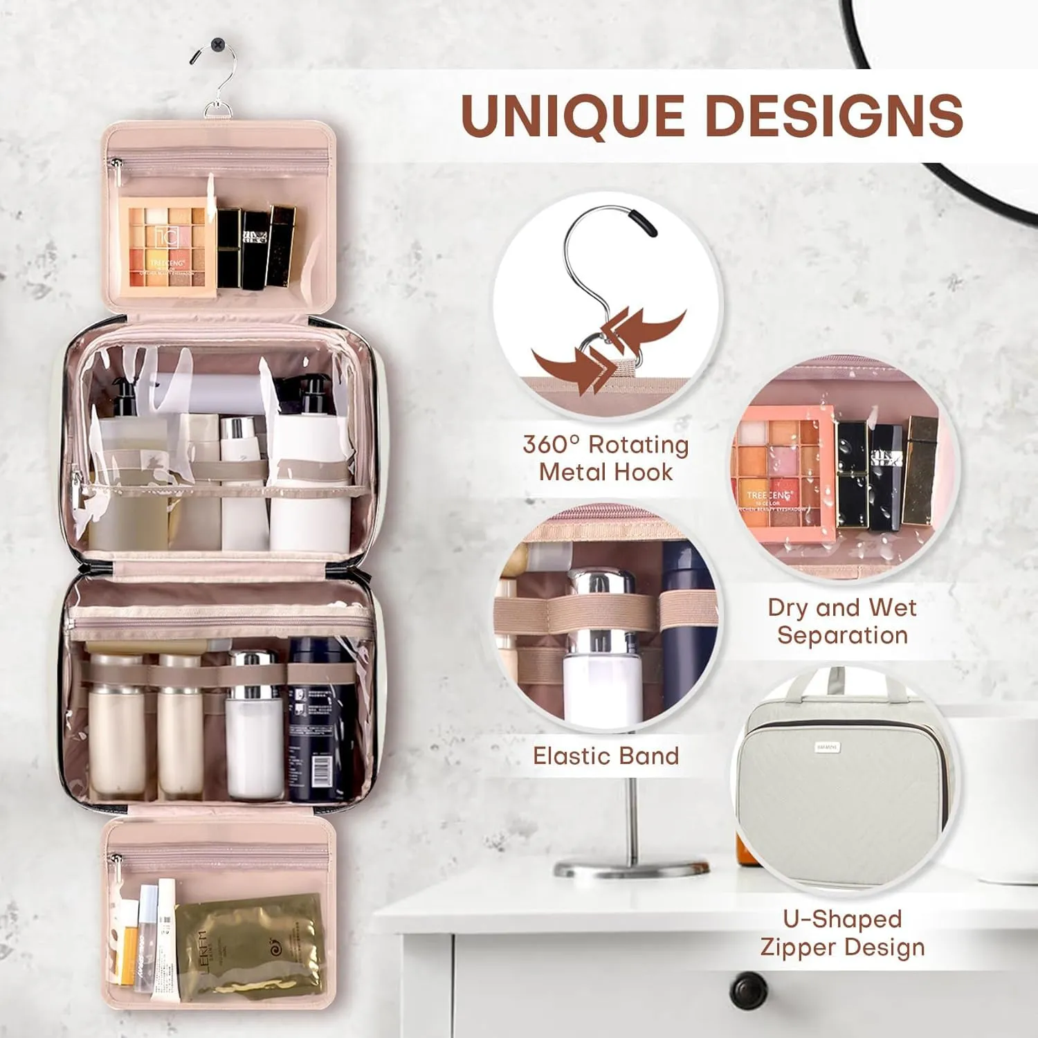 Toiletry Bag for Women with Jewelry Organizer Compartment, Travel Makeup Cosmetic Bag with Hanging Hook for Full-sized Toiletries, Shampoo - Beige