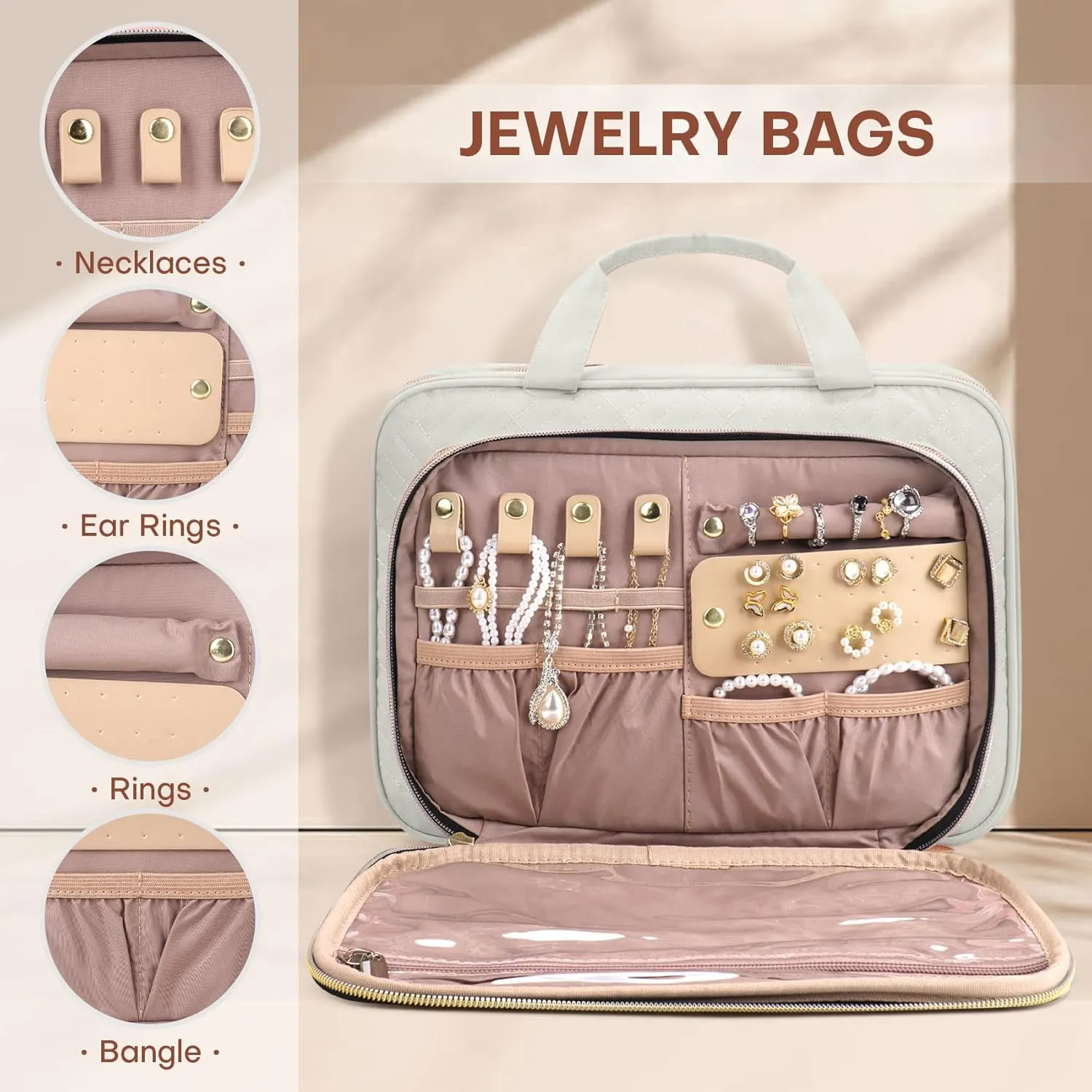 Toiletry Bag for Women with Jewelry Organizer Compartment, Travel Makeup Cosmetic Bag with Hanging Hook for Full-sized Toiletries, Shampoo - Beige