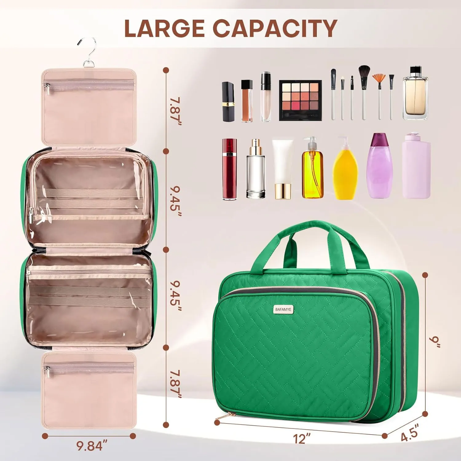 Toiletry Bag for Women with Jewelry Organizer Compartment, Travel Makeup Cosmetic Bag with Hanging Hook for Full-sized Toiletries, Shampoo - Green