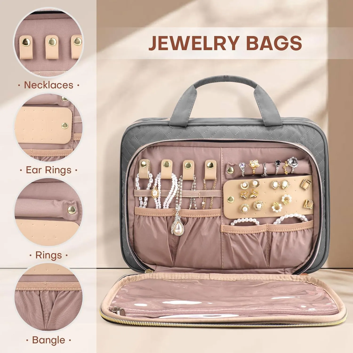Toiletry Bag for Women with Jewelry Organizer Compartment, Travel Makeup Cosmetic Bag with Hanging Hook for Full-sized Toiletries, Shampoo - Grey