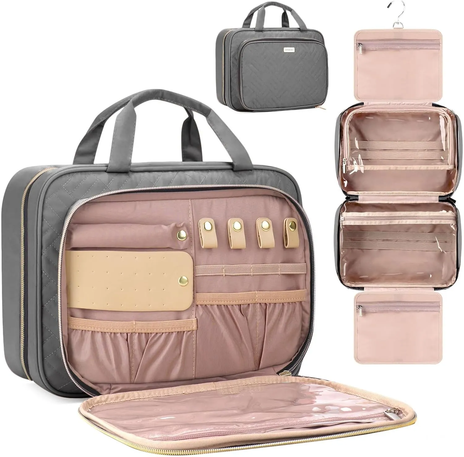 Toiletry Bag for Women with Jewelry Organizer Compartment, Travel Makeup Cosmetic Bag with Hanging Hook for Full-sized Toiletries, Shampoo - Grey