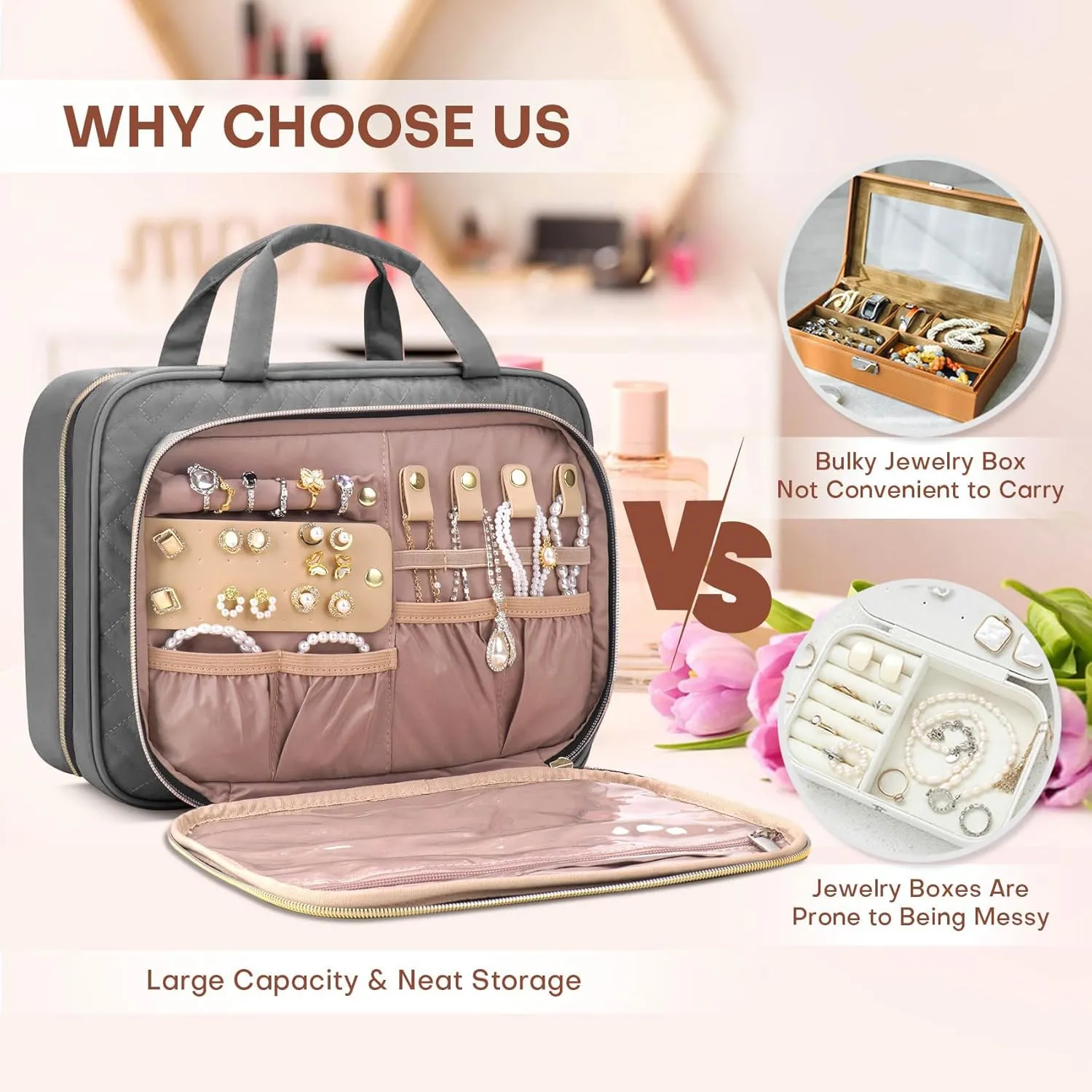 Toiletry Bag for Women with Jewelry Organizer Compartment, Travel Makeup Cosmetic Bag with Hanging Hook for Full-sized Toiletries, Shampoo - Grey
