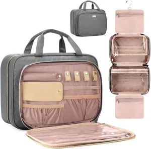 Toiletry Bag for Women with Jewelry Organizer Compartment, Travel Makeup Cosmetic Bag with Hanging Hook for Full-sized Toiletries, Shampoo - Grey