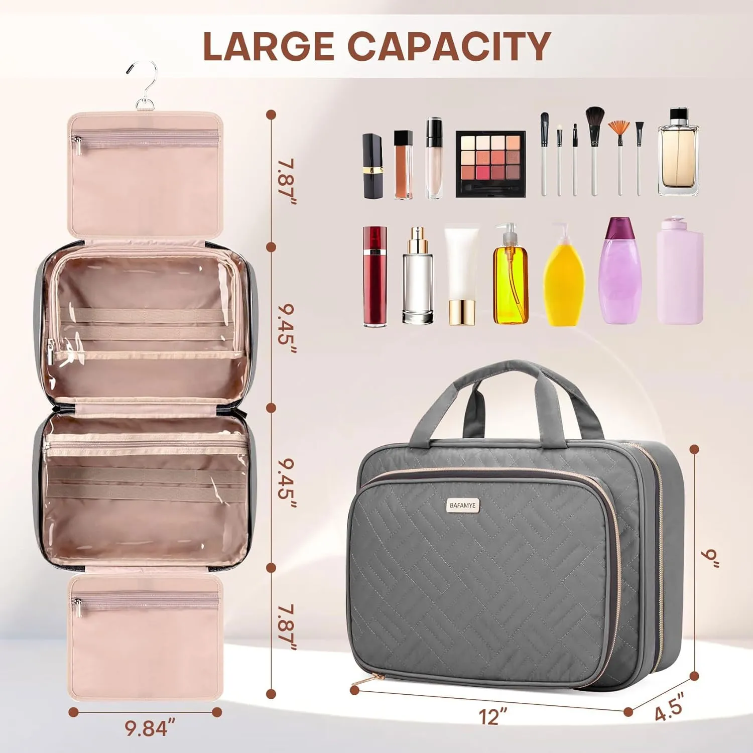 Toiletry Bag for Women with Jewelry Organizer Compartment, Travel Makeup Cosmetic Bag with Hanging Hook for Full-sized Toiletries, Shampoo - Grey