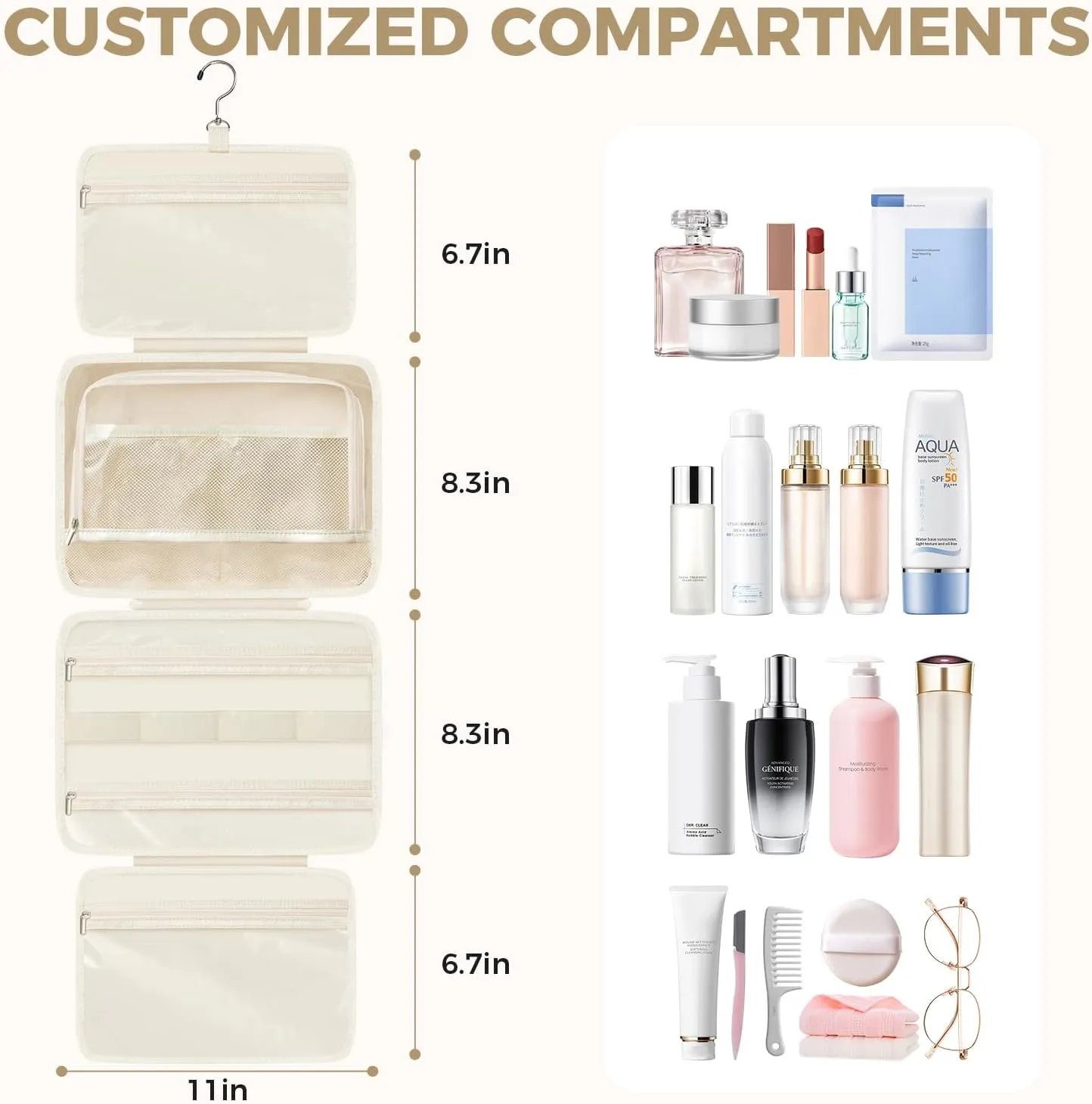 Toiletry Bag For women,Portable Hanging Organizer,4 Leakproof Compartment for full-sized Conditioner, Brushes Set, Makeup Accessories,Visible and easy to access.M-beige