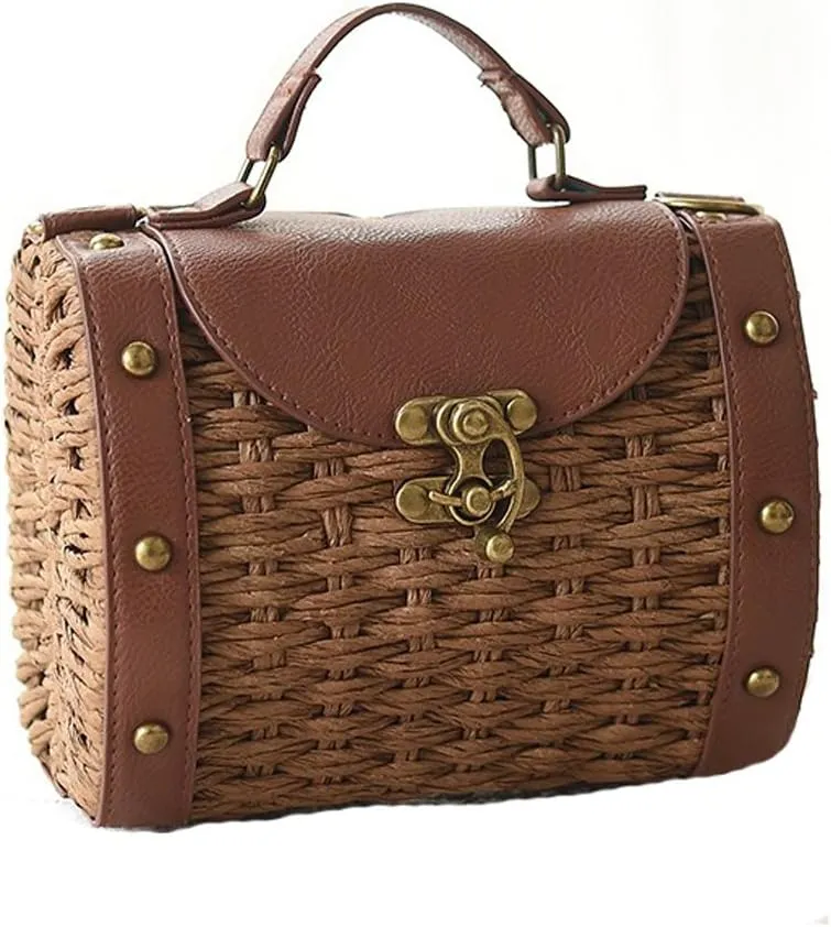 TONWHAR Baroque Style Retro Rivet Portable Small Box Woven Shoulder Messenger Bag