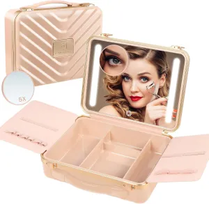 TOROKOM Travel Makeup Cases with Lighted Mirror, Portable Makeup Bag Cosmetic Train Case Makeup Organizer Box with 3 Color Setting LED Mirror & Detachable 5X Magnifying Mirror, Pink