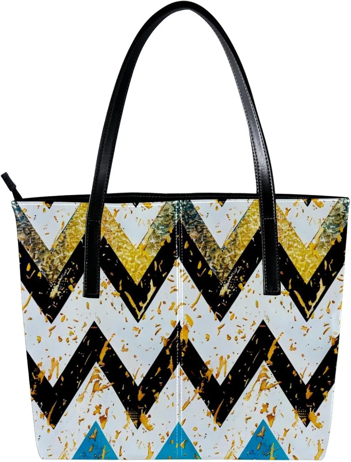 Tote Bag, Large Tote Bag, Women's Tote Handbags, Modern Blue Gold Wave Geometric Stripes, Tote Bags Women