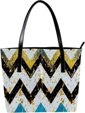 Tote Bag, Large Tote Bag, Women's Tote Handbags, Modern Blue Gold Wave Geometric Stripes, Tote Bags Women