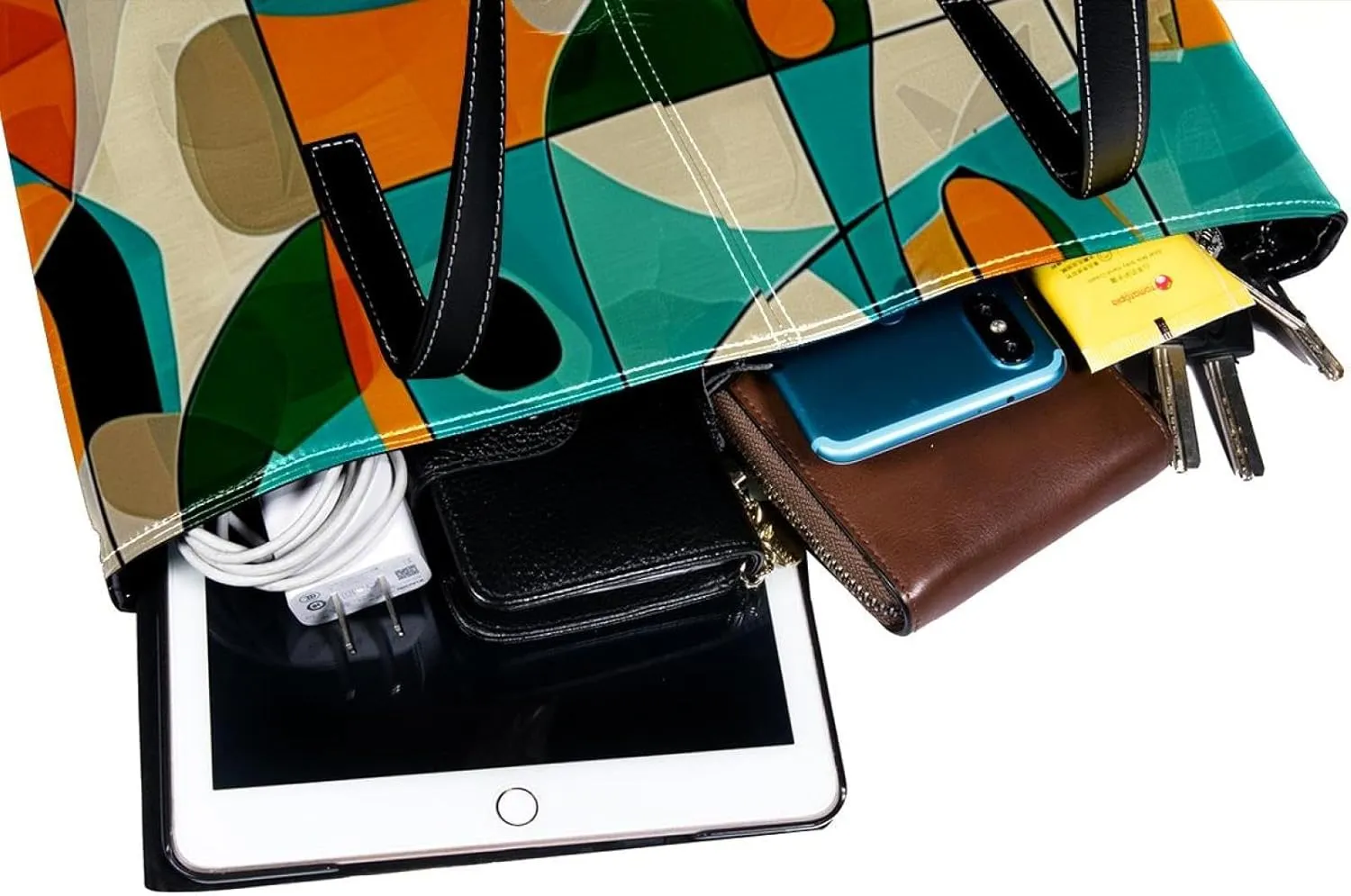 Tote Bags, Large Tote Bag, Tote Bag with Zipper, Modern Geometric Pattern Green Abstract Art, Tote Bag for Work