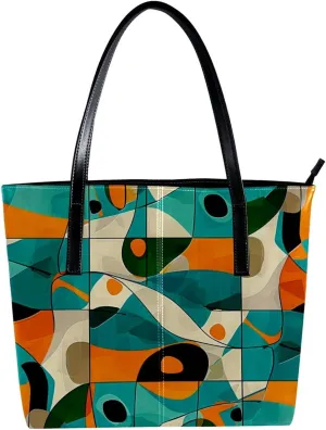 Tote Bags, Large Tote Bag, Tote Bag with Zipper, Modern Geometric Pattern Green Abstract Art, Tote Bag for Work