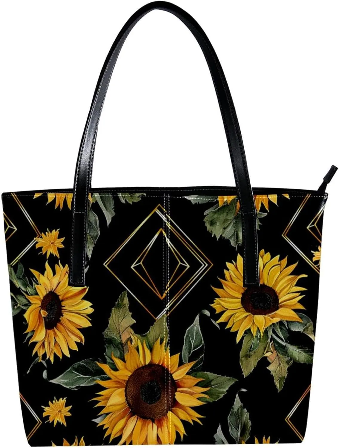 Tote Bags, Large Tote Bag, Tote Bag with Zipper, Sunflower Geometric Pattern Modern, Tote Bags Women