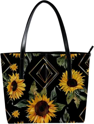 Tote Bags, Large Tote Bag, Tote Bag with Zipper, Sunflower Geometric Pattern Modern, Tote Bags Women