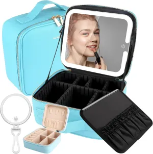 Train Case Makeup Box Cosmetic Bag with Large Lighted Mirror 3 Color Scenarios Adjustable Brightness Portable Artist Storage Bag with Makeup Brushes Storage Organizer Diamond Blue