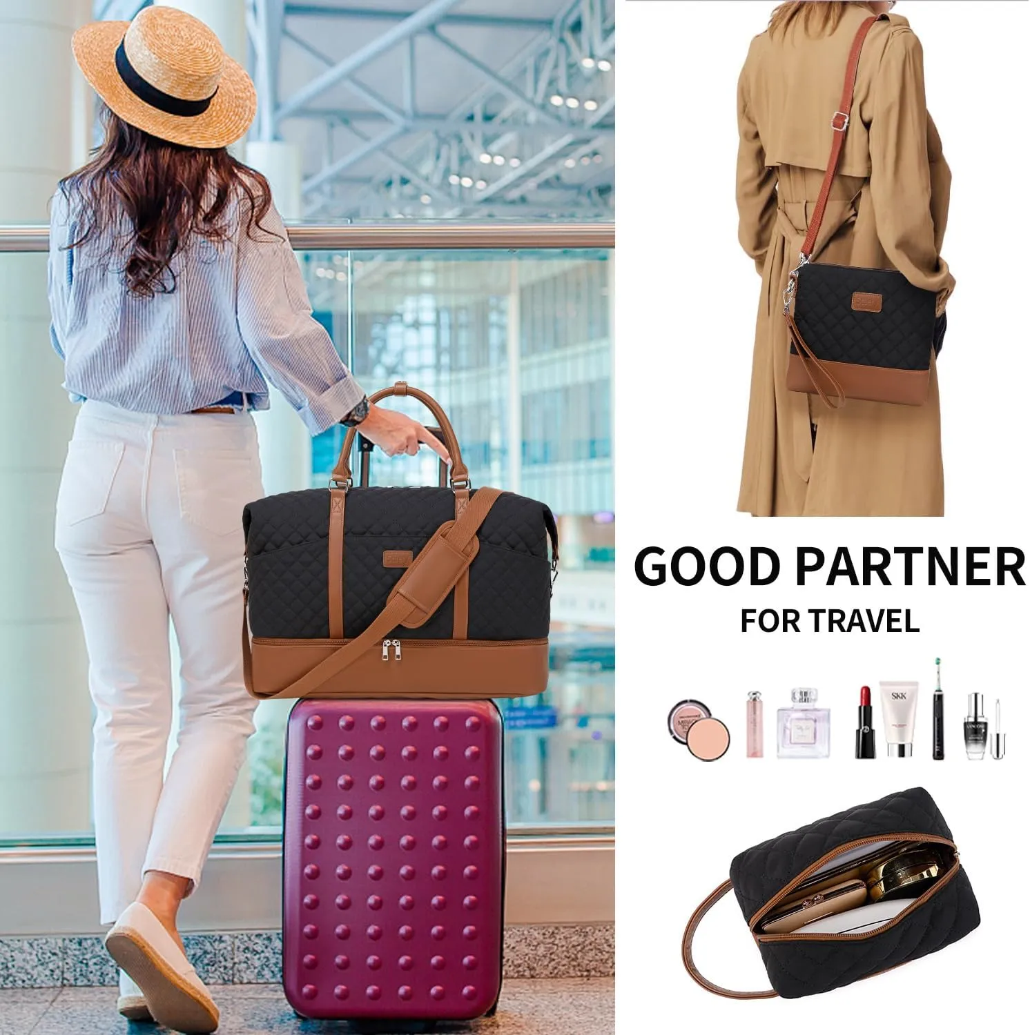 Travel Bag for Women: 21" Large Weekender Bags for Women with Shoe Compartment & Toiletry Bags, 3PCS Overnight Duffel Tote for Carry on Weekend Travel Business Trip Airplane Traveling, Gym