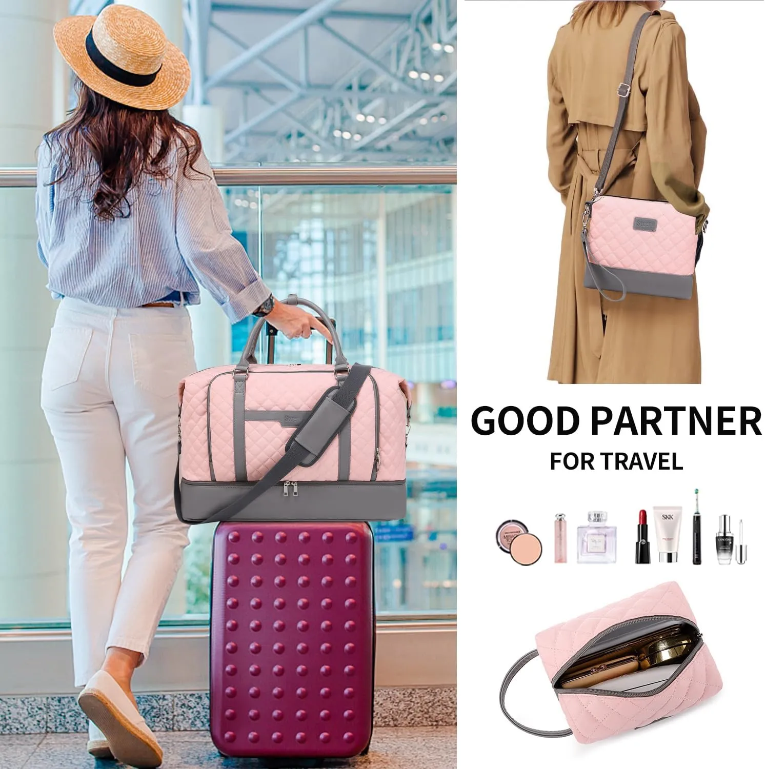 Travel Bag for Women: 21" Large Weekender Bags for Women with Shoe Compartment & Toiletry Bags, 3PCS Overnight Duffel Tote for Carry on Weekend Travel Business Trip Airplane Traveling, Gym
