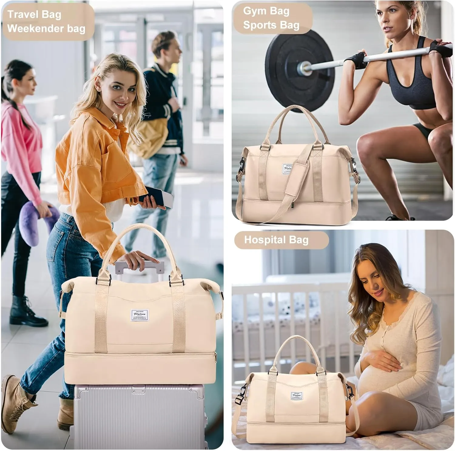 Travel Bag with Shoes Compartment,Weekender Bags for Women Travel,Carry On Duffel Overnight Bag with Trolley Sleeve & Wet Pocket,Travel tote Bag Sports Gym Bag