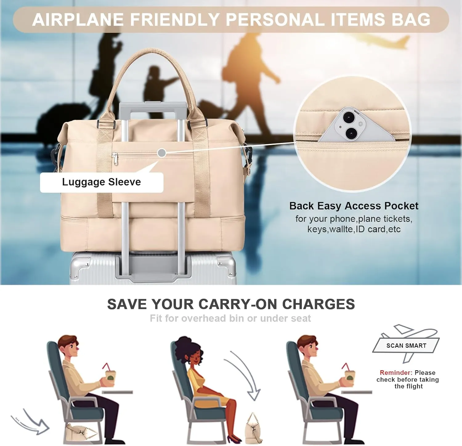 Travel Bag with Shoes Compartment,Weekender Bags for Women Travel,Carry On Duffel Overnight Bag with Trolley Sleeve & Wet Pocket,Travel tote Bag Sports Gym Bag