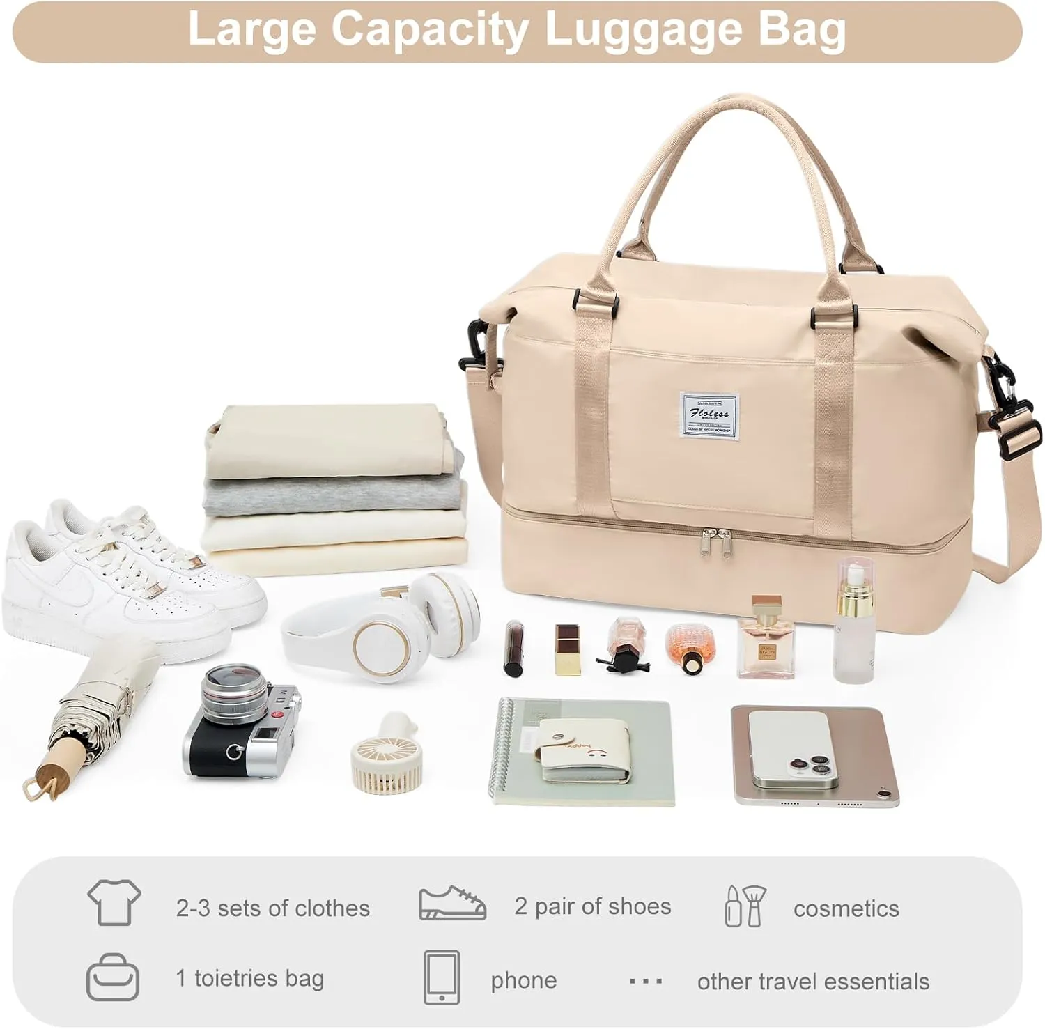 Travel Bag with Shoes Compartment,Weekender Bags for Women Travel,Carry On Duffel Overnight Bag with Trolley Sleeve & Wet Pocket,Travel tote Bag Sports Gym Bag