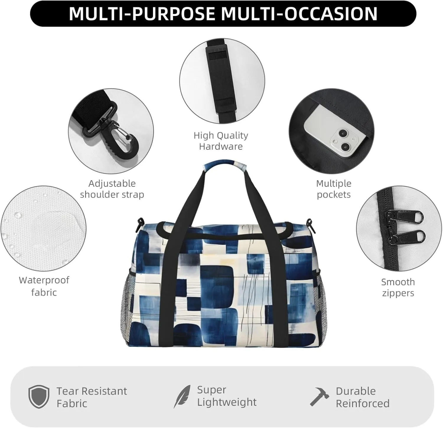 Travel Duffel Bag For Men Women, Navy Irregular Geometric Pattern Carry On Sport Gym Bag With Shoulder Strap Lightweight Waterproof Weekender Bag Overnight Bag