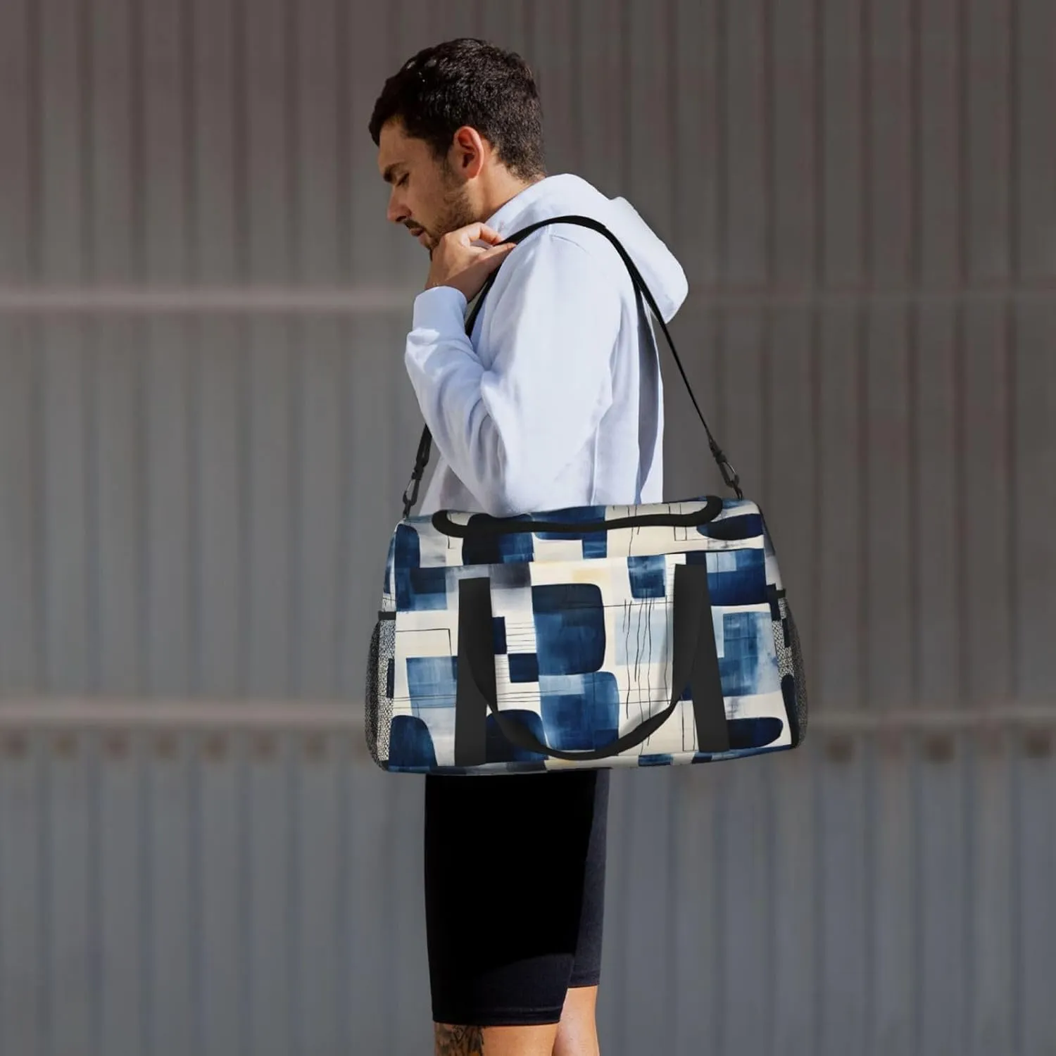 Travel Duffel Bag For Men Women, Navy Irregular Geometric Pattern Carry On Sport Gym Bag With Shoulder Strap Lightweight Waterproof Weekender Bag Overnight Bag