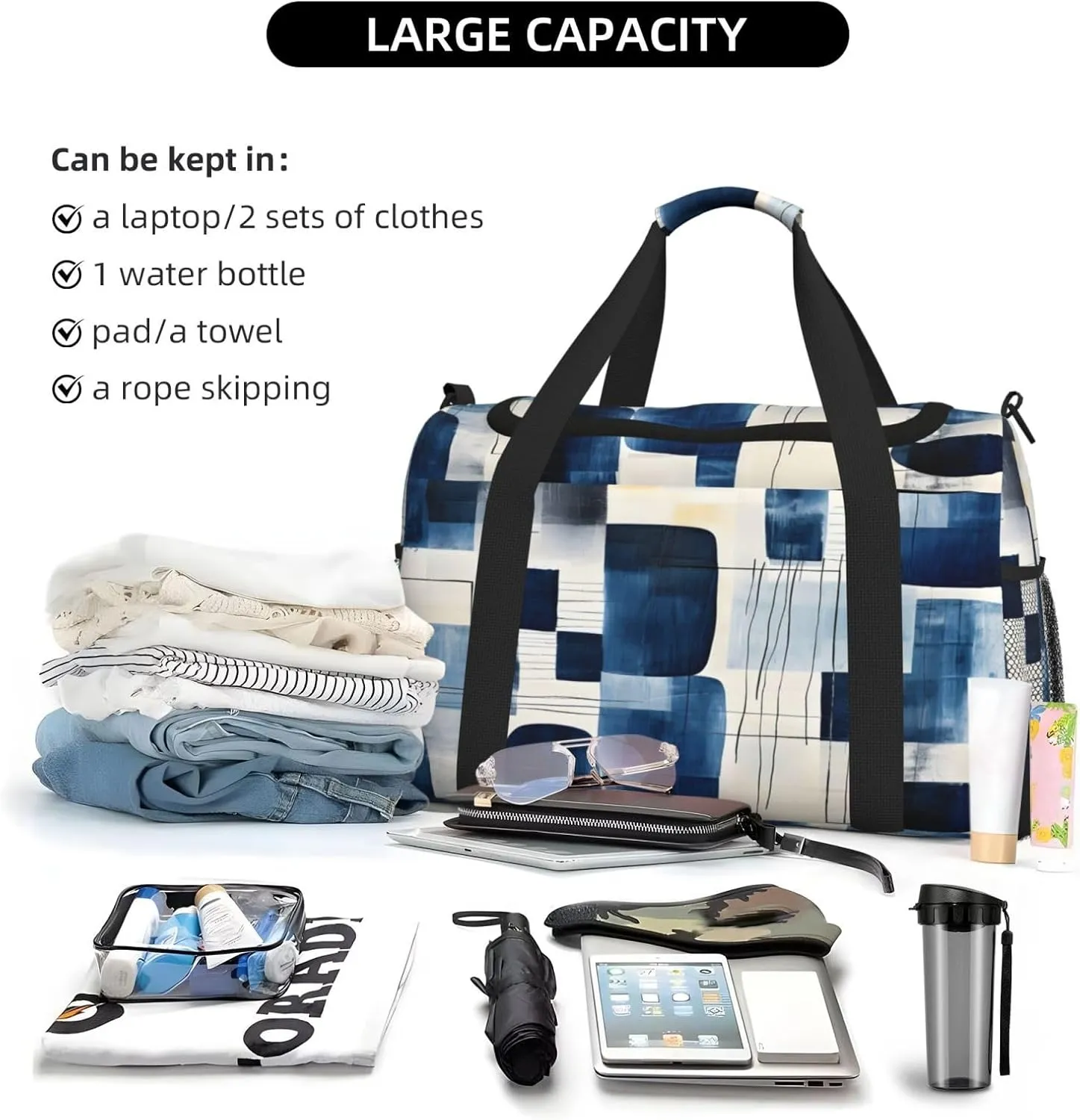 Travel Duffel Bag For Men Women, Navy Irregular Geometric Pattern Carry On Sport Gym Bag With Shoulder Strap Lightweight Waterproof Weekender Bag Overnight Bag
