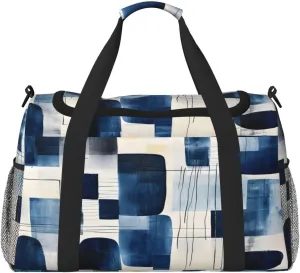 Travel Duffel Bag For Men Women, Navy Irregular Geometric Pattern Carry On Sport Gym Bag With Shoulder Strap Lightweight Waterproof Weekender Bag Overnight Bag