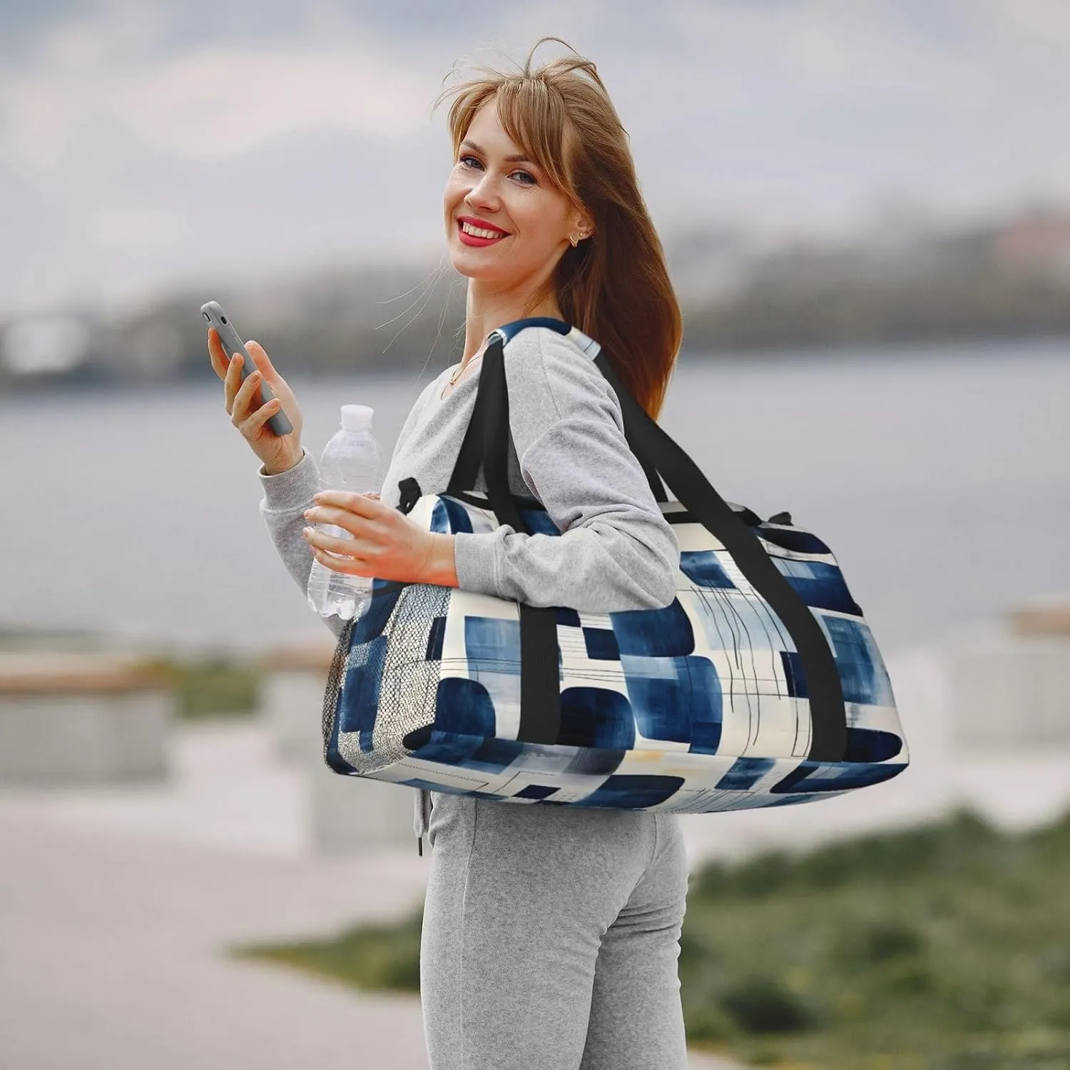 Travel Duffel Bag For Men Women, Navy Irregular Geometric Pattern Carry On Sport Gym Bag With Shoulder Strap Lightweight Waterproof Weekender Bag Overnight Bag