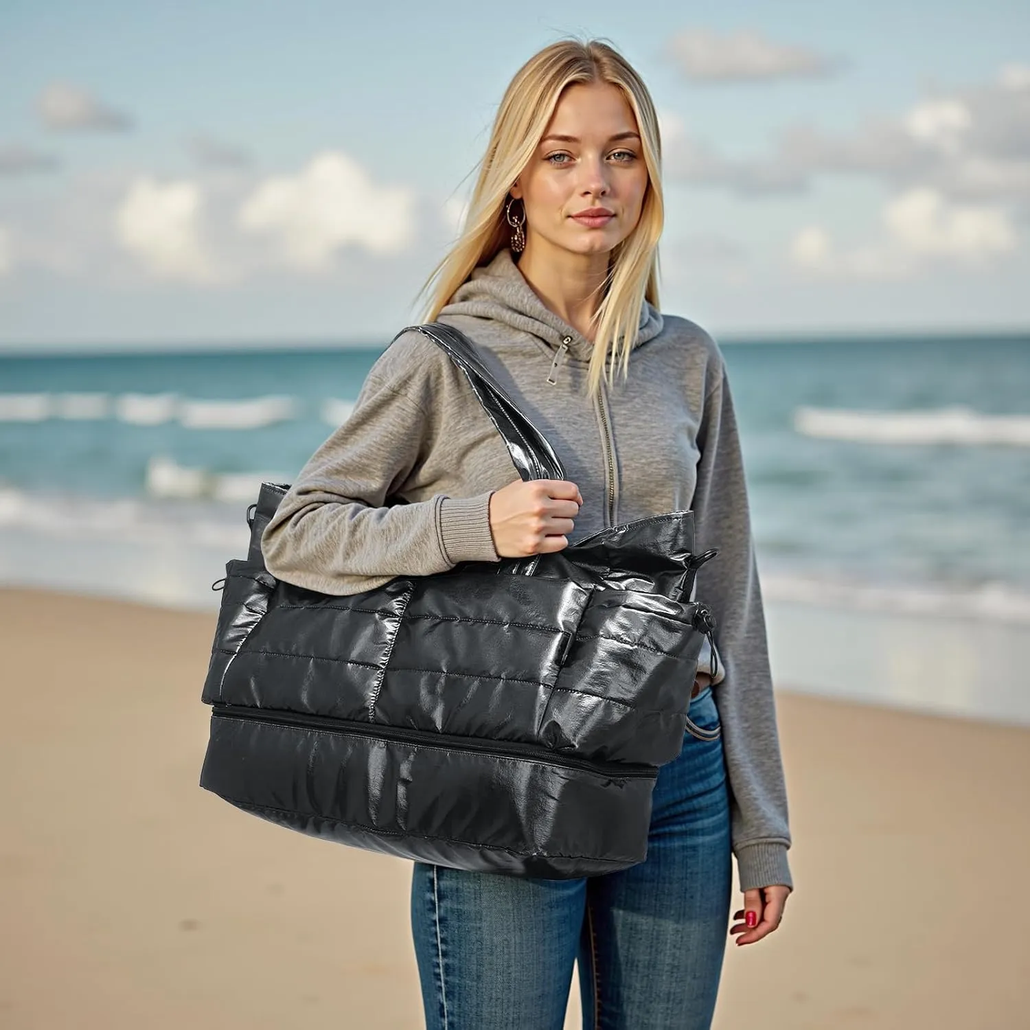Travel Duffel Bag for Women, 50L Weekender Bag, Gym Bag with Shoes Compartment, Carry on Overnight Bag with Toiletry Bag for Travel Trip Camping, Black