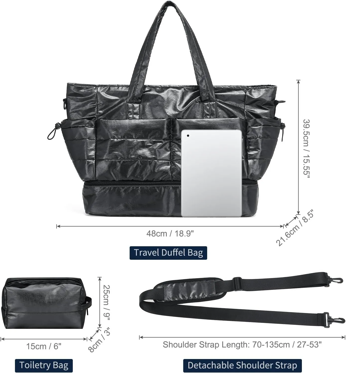 Travel Duffel Bag for Women, 50L Weekender Bag, Gym Bag with Shoes Compartment, Carry on Overnight Bag with Toiletry Bag for Travel Trip Camping, Black