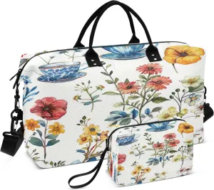 Travel Duffel Bag for Women Men, Teacup Flower Large Waterproof Weekender Overnight Bag, Detachable Shoulder Strap Travel Sport Gym Bag with Toiletry Bag