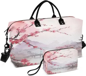 Travel Duffel Bag Large Weekender Overnight Bags for Women Men, Asian Landscape Pink Gym Bag with Toiletry Bag