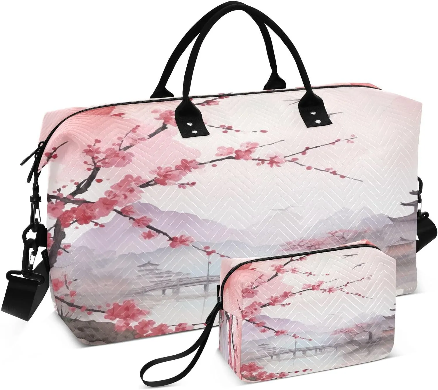 Travel Duffel Bag Large Weekender Overnight Bags for Women Men, Asian Landscape Pink Gym Bag with Toiletry Bag