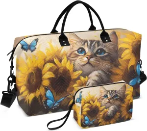 Travel Duffel Bag Savannah Cat Cute Sunflower, Gym Bags with Multiple Interior Pockets for Men Women Toiletry Purse Included 20.5”x 1.9” x 13.8”