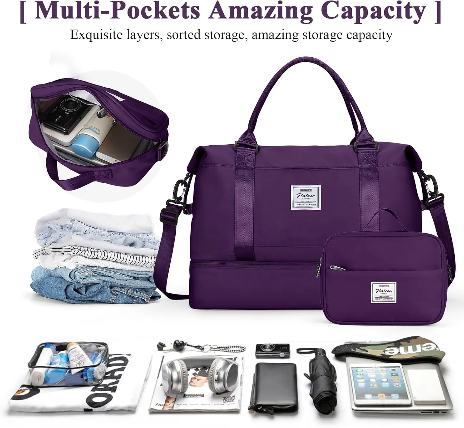 Travel Duffel Bag with Shoes Compartment, Overnight Weekender Bags for Women, Carry on Personal Item Travel Set
