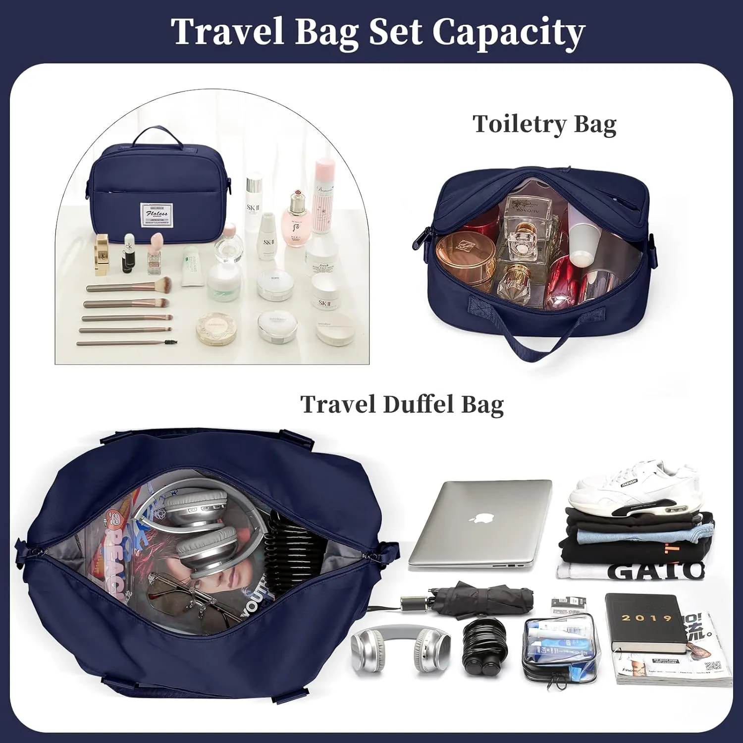Travel Duffel Bag with Toiletry Bag for Women, Overnight Weekender Bag with Wet Pocket & Trolley Sleeve, Carry On Tote Bag Sports Gym Bag,Dark Blue