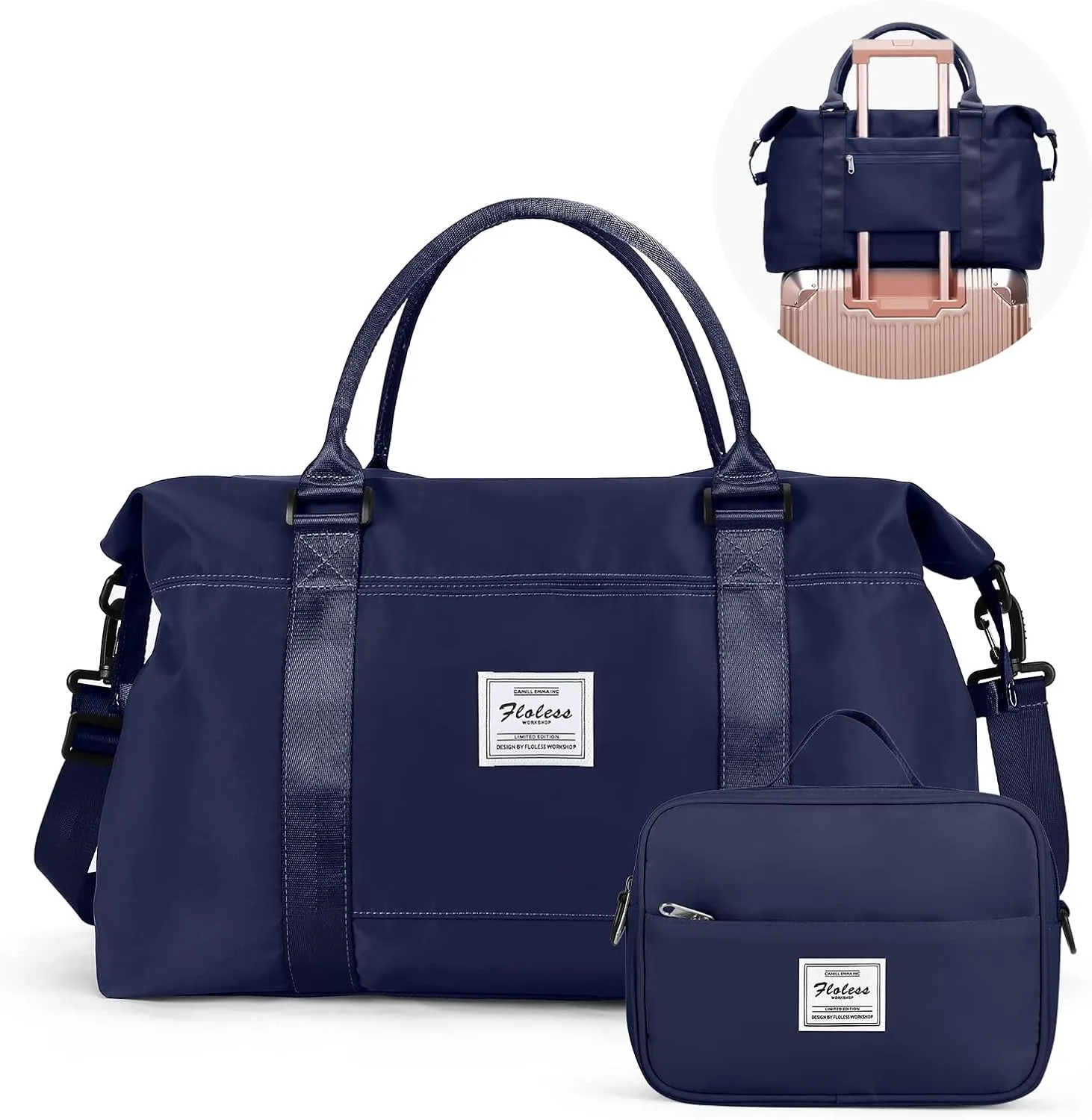 Travel Duffel Bag with Toiletry Bag for Women, Overnight Weekender Bag with Wet Pocket & Trolley Sleeve, Carry On Tote Bag Sports Gym Bag,Dark Blue